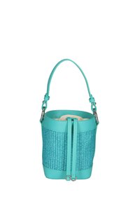 Borsa a secchiello turchese con texture intrecciata e dettagli in pelle liscia, dotata di una maniglia robusta e una chiusura a coulisse per un facile accesso.