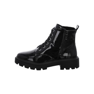 Black shiny leather combat boot with thick sole, side zipper, lace-up front, and pull tab at the back.