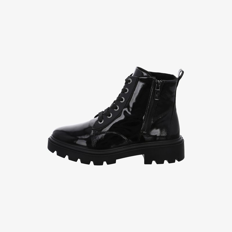 Black shiny leather combat boot with thick sole, side zipper, lace-up front, and pull tab at the back.