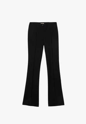 Sorte vidde bukser med et elegant design, lavet af glat stof. Har en lynlåslukning foran med en diskret dekorativ knapdetalje.