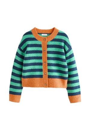Buttoned cardigan with wide horizontal teal and dark blue stripes, orange collar, cuffs, button placket, and hem.