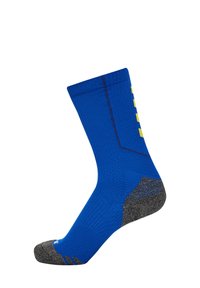 Blauwe sportsocken met ribbeltextuur, versterkte grijze hiel en teen, en gele accentstrepen aan de zijkant.