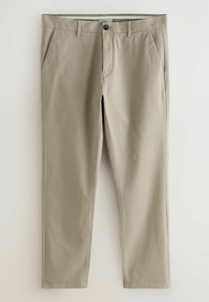 Khaki-Hosen mit geradem Schnitt, Fronttaschen und einem einzelnen Knopfverschluss. Hergestellt aus einem glatten, leichten Baumwoll-Mix.