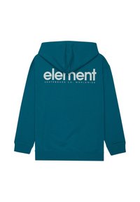 Sweat à capuche bleu sarcelle avec "element" en grandes lettres blanches et "skateboard co. worldwide" en texte blanc plus petit en dessous au dos.