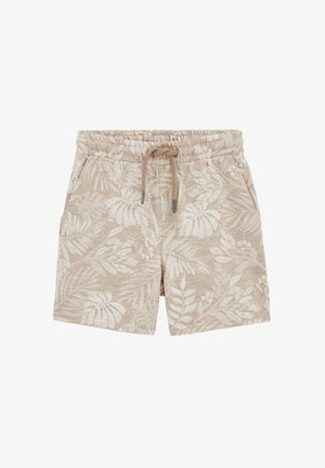 Beige korte bukser til småbørn med elastik i taljen, snøre, sidelommer og hvidt tropisk bladmønster.