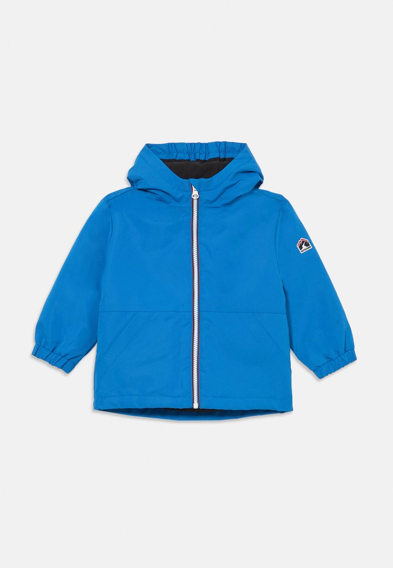 Blaue Kapuzenjacke aus leichtem Material. Sie verfügt über einen durchgehenden Reißverschluss, elastische Bündchen, zwei Fronttaschen und ein Logopatch am Ärmel.