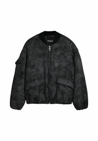 Black bomber jacket with a textured fabric, zip closure, ribbed collar and cuffs, and large front pockets featuring an embossed floral pattern.