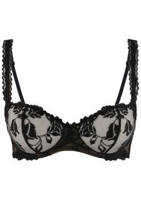 Soutien-gorge en dentelle noire avec broderies florales, bonnets en mesh transparent, bretelles volantes et accents en satin. Design structuré avec armatures pour un soutien.