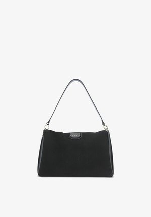 Black rectangular Bugatti handbag with textured fabric, short strap, and silver hardware on each side for carrying on shoulder or by hand.