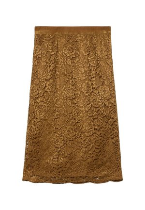 Brązowa spódnica koronkowa z kwiatowym wzorem, z gładkim pasem i teksturowanym materiałem w całej długości. Projekt o długości midi.