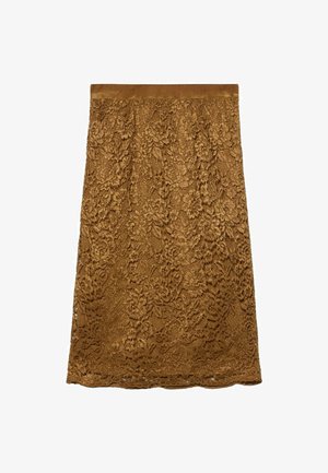 Brun blonde nederdel med blomsterprint, en glat talje og struktureret stof hele vejen igennem. Mellemlang design.