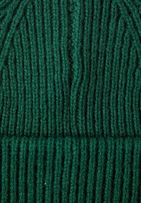 Zaļa adīta beanie cepure ar vertikālu ribu tekstūru. Bieza dzija ar mīkstu, pūkainu izskatu. Apaļa forma, cieši pieguļoša apakšdaļā.