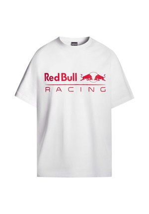 Witte katoenen t-shirt met een opvallend rood "Red Bull RACING" logo en twee rode stieren grafisch op de voorkant. Korte mouwen en een relaxte pasvorm.