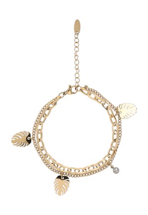 Náramek se zlatým dvouřetízkem, tři přívěsky ve tvaru listů a jeden malý průhledný krystalový přívěsek, zapínání na karabinku a nastavitelný řetízek.