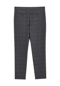 Grau-karierte Hose mit taillierter Passform, ausgestattet mit zwei Gesäßtaschen und einer glatten Textur. Enthält subtile blaue Linien im Muster.