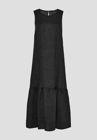 Svart lin sleeveless klänning med rund halsringning och skiktad volangnederkant. Enkelt, löst sittande design med en naturlig textur.