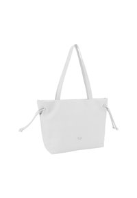 Bolso tote blanco con un diseño suave, cuenta con cierres de cordón, textura lisa y dos asas robustas para un transporte fácil.