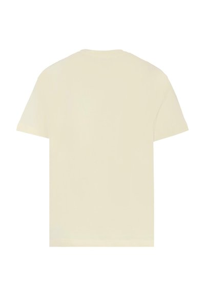 T-shirt corto a maniche corte beige chiaro, design classico con scollo rotondo, materiale in cotone liscio, retro senza decorazioni, orlo dritto.
