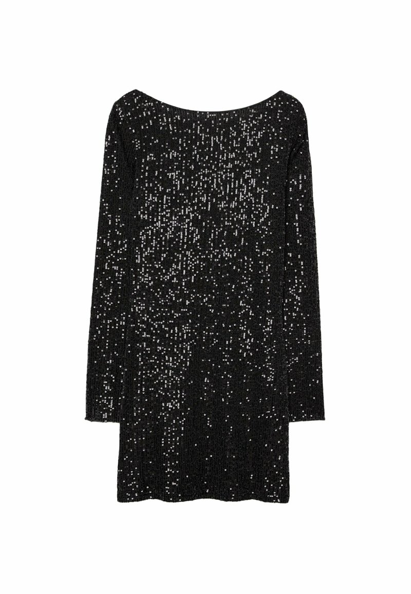 Schwarz, langärmeliges Mini-Kleid, das mit glänzenden silbernen Pailletten bedeckt ist. Es hat einen runden Ausschnitt und eine figurbetonte Silhouette.