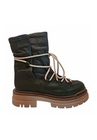 Botín oscuro verde con parte superior acolchada, sistema de cordones beige, suela gruesa beige y costuras detalladas en el cuerpo de cuero.