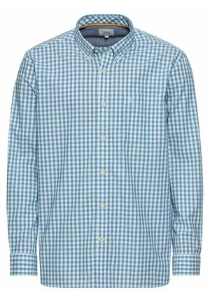 Chemise à manches longues en tissu cotonné tissé, à motif à carreaux bleu clair et blanc, avec un col boutonné et une poche poitrine.