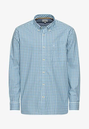 Langærmet skjorte i lys blå og hvid ternet mønster, med knap-ned krave og en brystlomme, lavet af vævet bomuldsstof.
