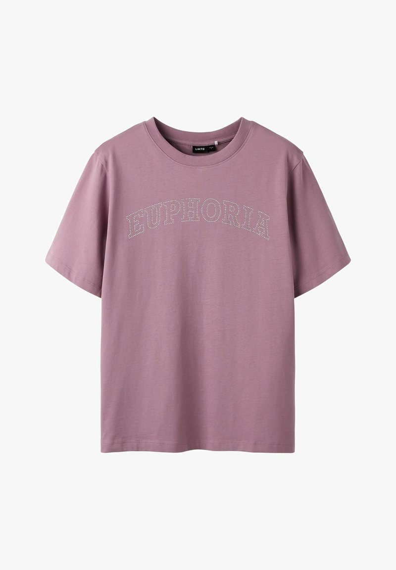 T-shirt en coton violet à manches courtes et col rond. Présente le mot "EUPHORIA" en motif de points sur la poitrine. Coupe simple et décontractée.