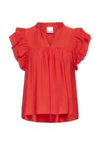 Blusa rossa con maniche a balze, scollatura a V e tessuto arricciato. Realizzata in materiale leggero con una vestibilità ampia e orlo curvo.