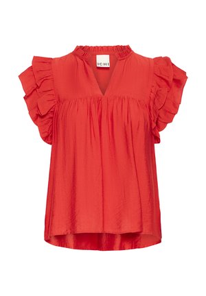Rode blouse met gerimpelde mouwen, een V-halslijn en geplooide stof. Gemaakt van lichtgewicht materiaal met een losse pasvorm en een gebogen zoom.