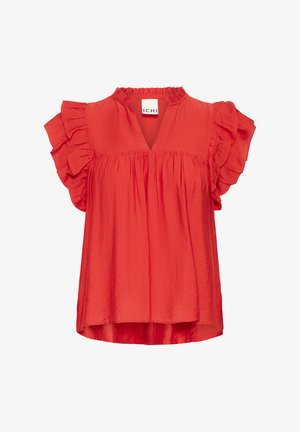 Blusa roja con mangas acampanadas, escote en forma de V y tela fruncida. Confeccionada en un material ligero, con corte holgado y dobladillo curvo.