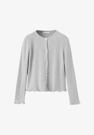 Hellgraue, gerippte Strickjacke mit langen Ärmeln, rundem Halsausschnitt, Knopfleiste vorne und dezenten Rüschen an Bündchen und Saum.