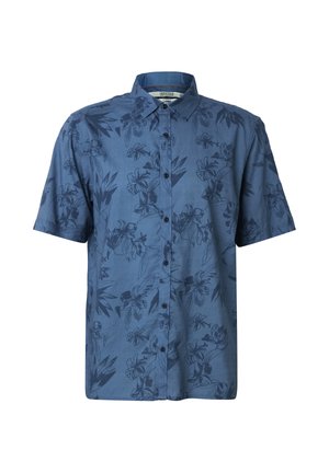 Camisa azul de manga corta con estampado floral azul oscuro y cuello clásico, talla grande.