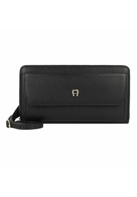 Cartera de cuero negra con un acabado texturizado, que cuenta con un bolsillo en la solapa frontal, cierre tipo cremallera y una correa ajustable. Acento en hardware dorado.