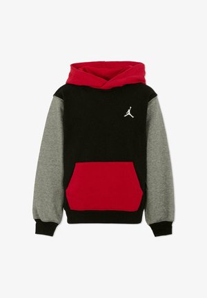 Capuchon sweatshirt in zwart, grijs en rood. Beschikt over een kangaroezak, ribgebreide boorden en een wit logo op de borst. Zachte stoftextuur.