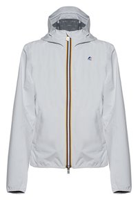 Lysgrå vindjakke med hætte, der har en frontlynlås med røde, gule og sorte detaljer, samt elastiske manchetter og kant.