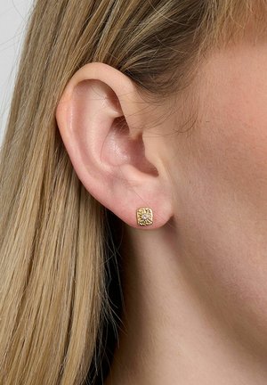 Close-up of a woman's ear with straight blonde hair, wearing a small, square gold earring with a textured floral design and central gem.