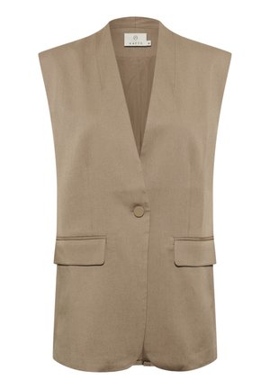 Beige sleeveless blazer with a V-neck, single button closure, and two front pockets. Smooth fabric and tailored design with subtle stitching.