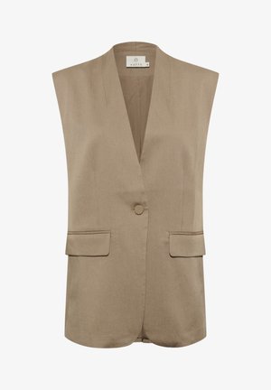 Beżowy bezrękawnik z dekoltem w kształcie V, zapinany na jeden guzik, z dwoma przednimi kieszeniami. Gładki materiał i dopasowany krój z subtelnym przeszyciem.