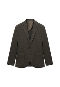 Rjav karo blazer z dvema sprednjima žepoma, z rahlim izrezom in dvema gumboma. Teksturna tkanina z gladkim notranjim podlogom.