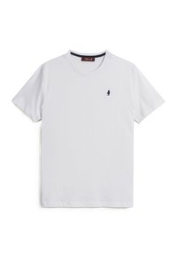 T-shirt bianco a maniche corte in cotone, con scollatura rotonda e un piccolo logo blu navy sul lato sinistro del petto. Tessuto liscio e vestibilità regolare.