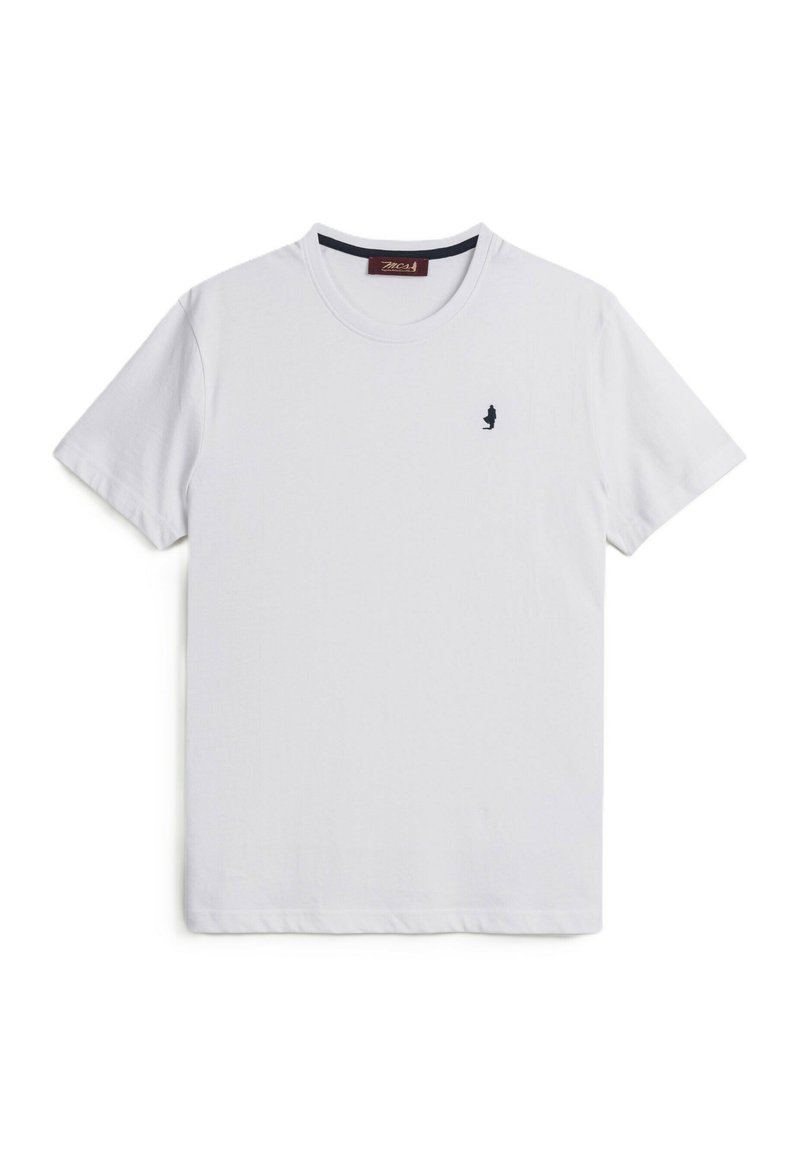 T-shirt bianco a maniche corte in cotone, con scollatura rotonda e un piccolo logo blu navy sul lato sinistro del petto. Tessuto liscio e vestibilità regolare.