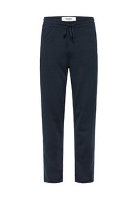 Helle mittelblaue Sweatpants aus weichem Stoff, mit einem Kordelzugbund, schmal zulaufenden Beinen und einem minimalistischen Design ohne Muster oder Akzente.