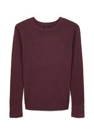 Maglione bordeaux a maniche lunghe realizzato in tessuto morbido, con scollatura rotonda, polsini a coste e una texture semplice e liscia senza motivi.