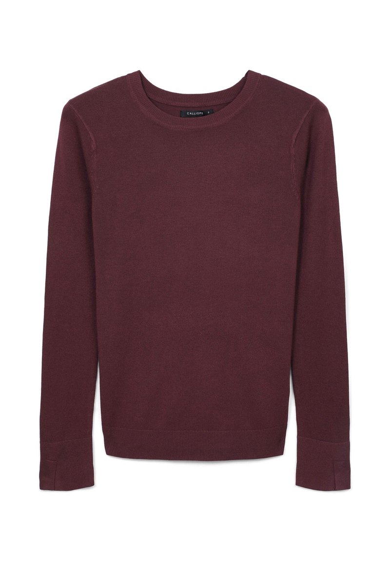 Maglione bordeaux a maniche lunghe realizzato in tessuto morbido, con scollatura rotonda, polsini a coste e una texture semplice e liscia senza motivi.