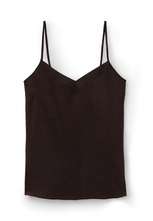 Czarna bezrękawnikowa koszulka z cienkimi podwójnymi ramiączkami i subtelnym dekoltem w kształcie litery V.