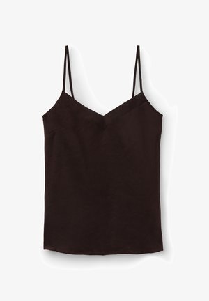 Camisola negra sin mangas con finas tiras dobles en los hombros y un sutil escote en forma de V.