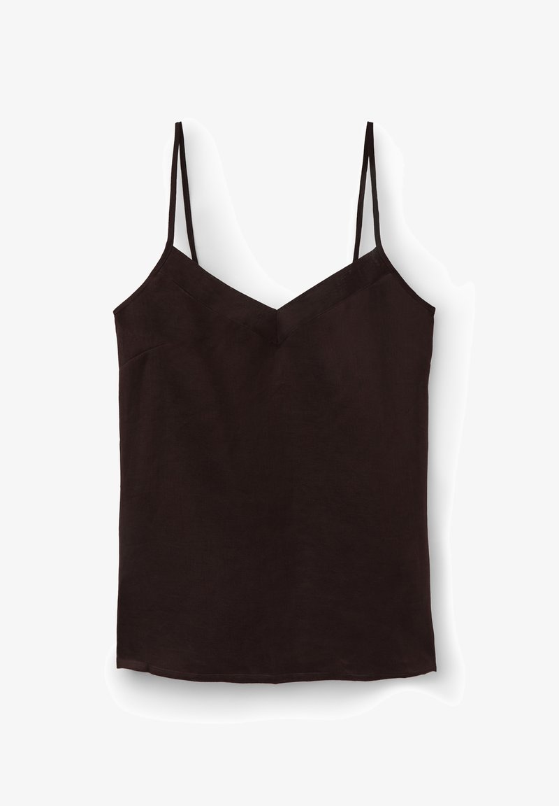 Camisole noire sans manches avec fines bretelles doubles et un décolleté subtil en V.
