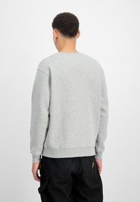 Graues Sweatshirt mit Rundhalsausschnitt, gerippten Bündchen und Saum, aus weichem Stoff, von hinten mit minimalistischem Design gezeigt.