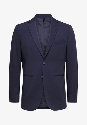 Blazer azul marino de tejido suave, con solapas de muesca, dos botones, bolsillos laterales y un bolsillo en el pecho.