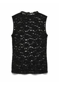 Melna bezroku mežģīņu blūze ar ziedu rakstiem; tai ir augsts kakls un aizmugurē rāvējslēdzējs ērtai uzvilkšanai.